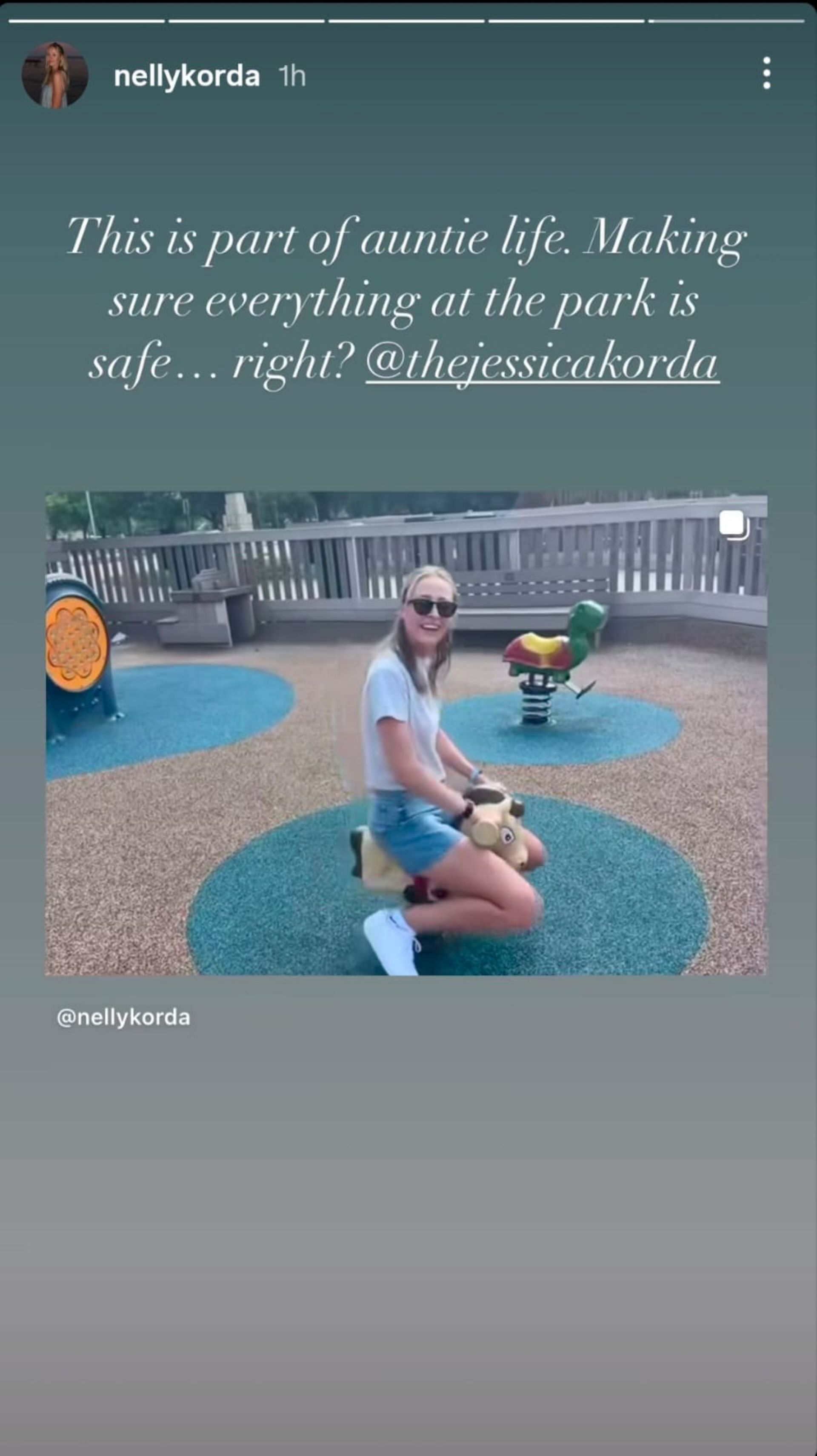 Nelly Korda shared a fun moment from the park, riding a spring toy while her sister Jessica Korda recorded the scene (via @nellykorda)